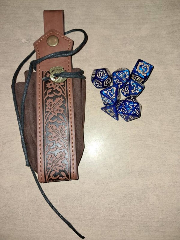 Brown leather dice bag with d&d Dice