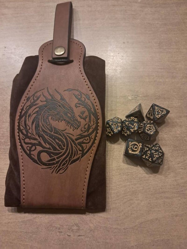 Brown leather Dragon dice bag with dragon dice