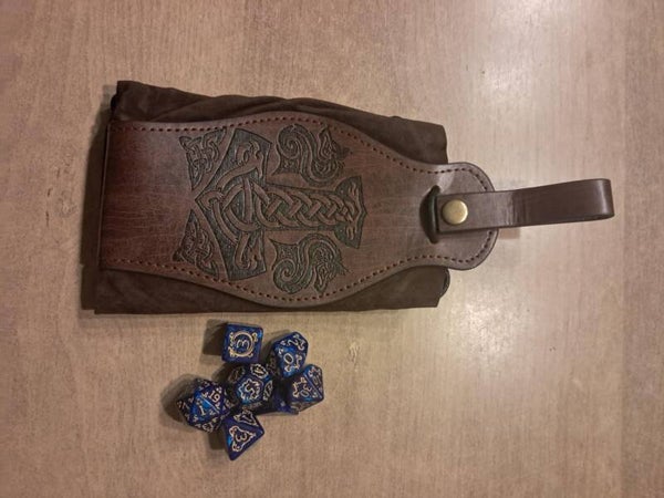 Thor's hammer leather dice bag with d&d dragon dice