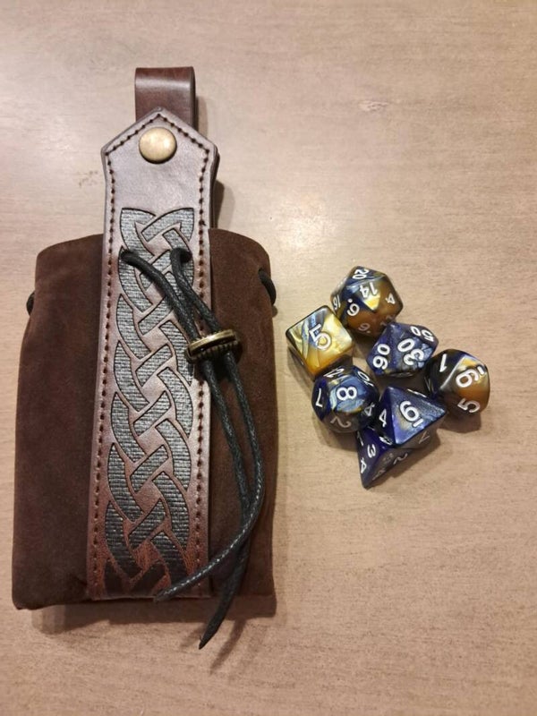 Runic Brown leather dice bag with d&d dice