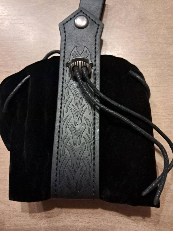 Runic Black leather dice bag with d&d dice