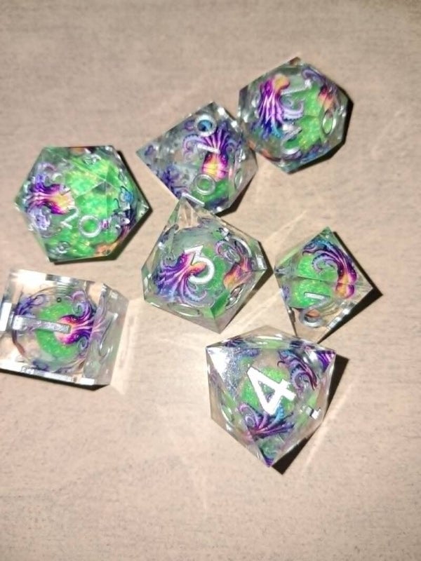 Liquid core orange green octo d&d dice