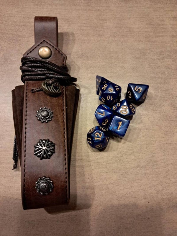 Medievel Brown leather dice bag with d&d dragon dice