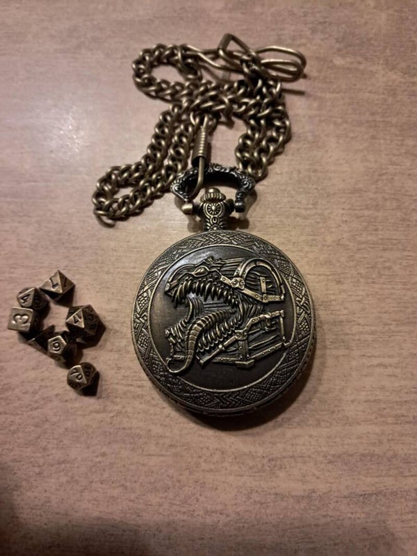 Pocket watch dice holder with metal mini d&d dice (monster chest)