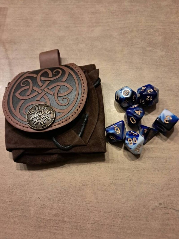 Viking dice bag with vlue marble d&d dice