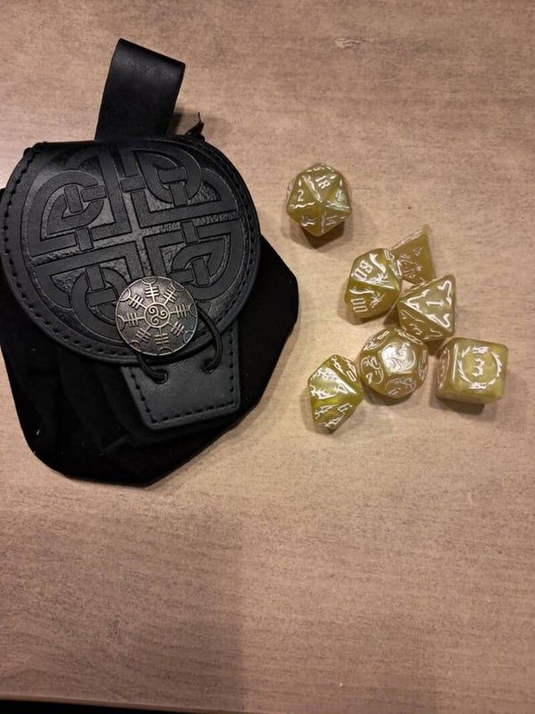 Viking black leather dice bag with yellow dragon d&d dice