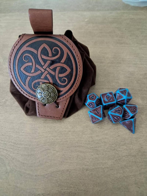 Viking brown leather dice bag with blue copper d&d dice