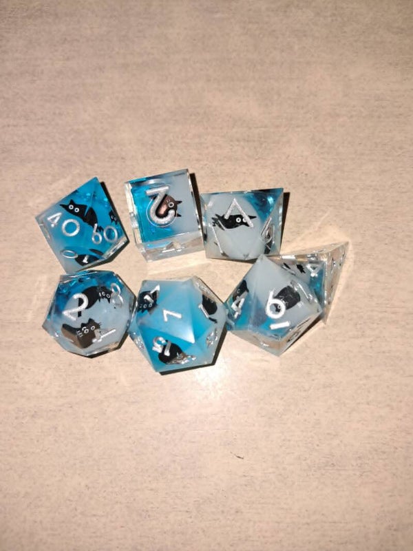 White/blue black cat d&d dice