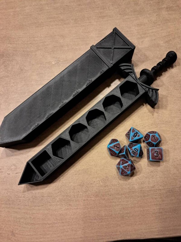 Black d&d dice sword with copper blue d&d dice