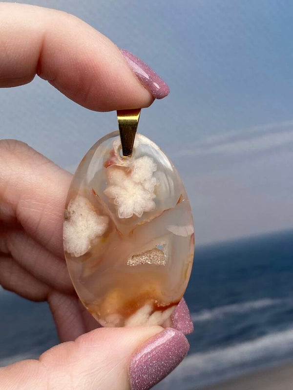 Bloem agaat ketting hanger 3 goud