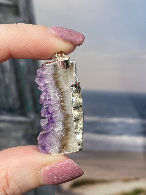 Amethist slice ketting hanger verzilverd 5