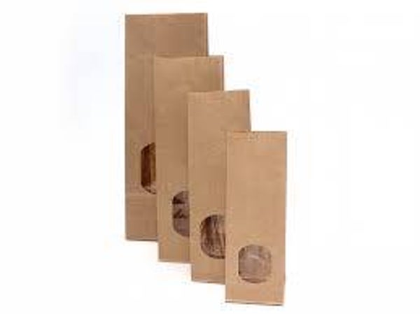 Papieren blokbodemzakken met venster 105 + 65 x 298 mm - ds 500st