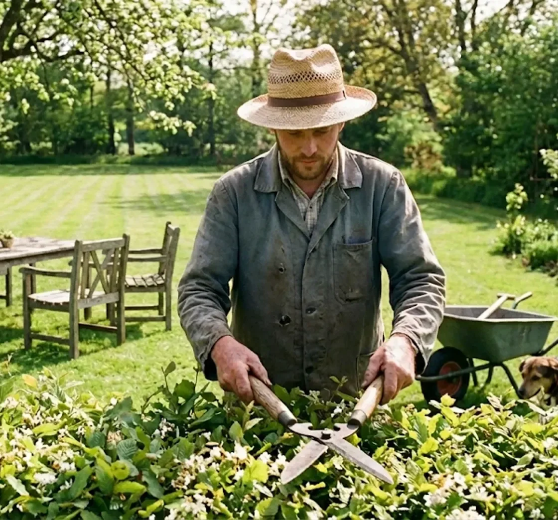 Das Bild zeigt einen Gärtner, Mitte 30 mit Strohut auf dem Kopf , der eine Hecke mit einer Heckenschere bearbeitet. Im Hintergrund sieht man einen Tisch und zwei Stühle und einen gepflegten Rasen. 