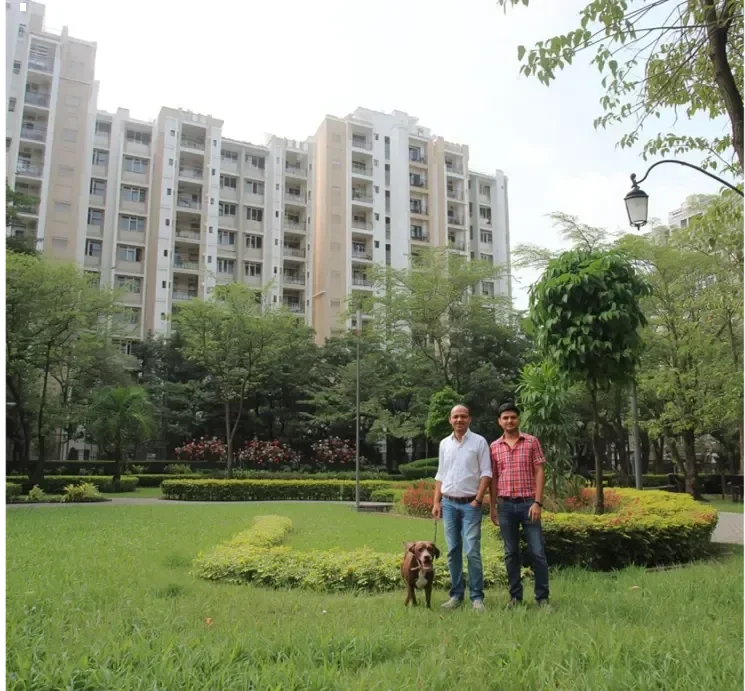 Im Vordergund sind zwei Personen mit Hund. Sie stehen in einer gepflegten Anlage mit kurzgehaltenen Rasen, dahinter eine Baumreihe und dahinter eien Reihe mit Hcohäusern, ca. 10-12 Stockwerken hoch.