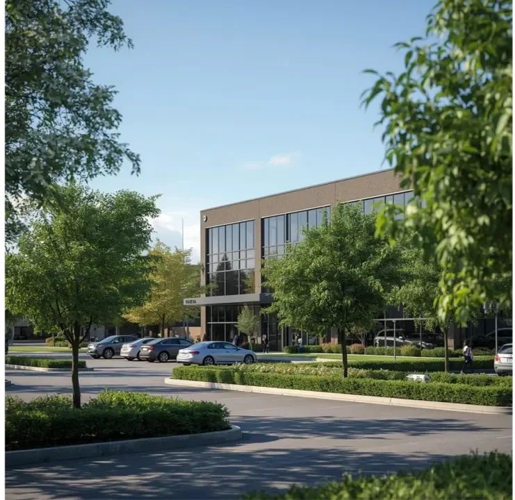 Das Bild zeigt ein gepflegtes Firmengelände mit Fahrwegen für Autos, einen Parkplatz mit 4 Fahrzeugn vor einen modernen 2 geschossigen Firmengebäude. Bei den Gebäude dominiert eine großflächige Glasfassede.