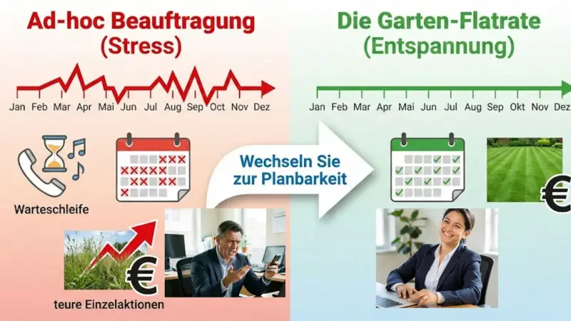 Die Grafik soll den Unterschied zwischen AD-hock Beauftragung und dem Vorteil eines  Gartenpflege-Abo vermitteln. Gestresster Mitarbeiter am Telefon einerseits und enspannte Mitarbeiterin Büro andererseits. 