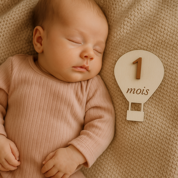 Carte Étapes Mensuelles en Bois – Montgolfières Bébé (1 à 12 mois)