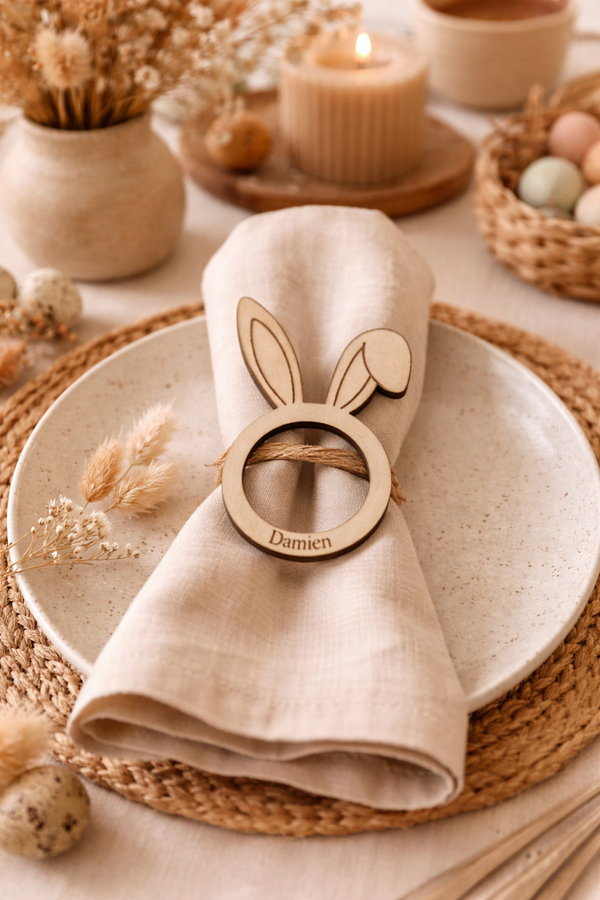 Rond de Serviette Personnalisé Pâques – Oreilles de Lapin en Bois Gravé