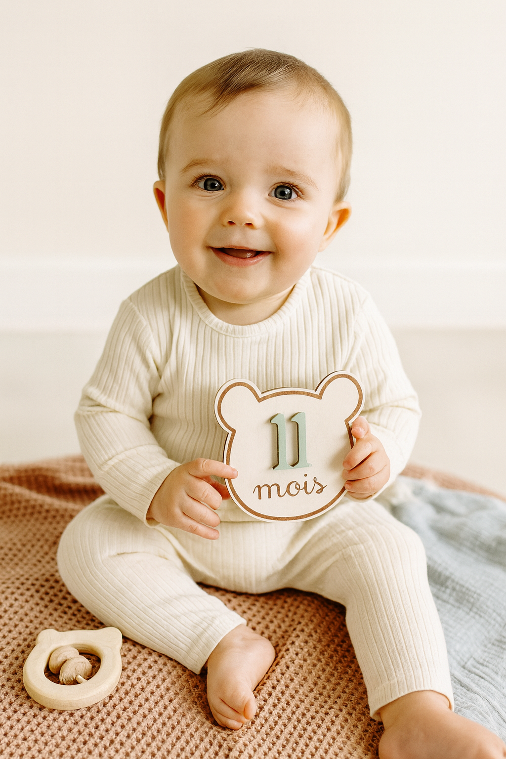 Cartes étapes bébé ourson personnalisées – Évolution mois par mois (0 à 1 an) en bois gravé