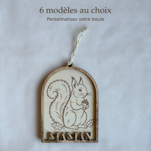 Boule de Noël personnalisée en bois – Arche animaux de la forêt – 6 motifs au choix