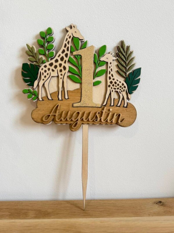 Cake Topper personnalisé “Safari Jungle” en bois gravé  Thème Girafe