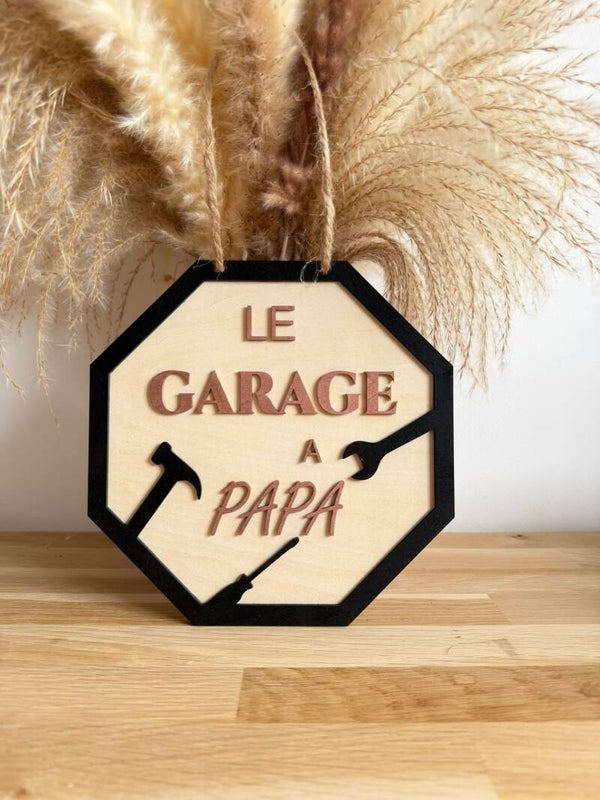 Plaque de porte personnalisée « Le Garage à Papa » en bois gravé