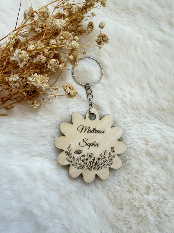 Porte-clés fleur personnalisé maîtresse – Collection Fleurs des Écoles