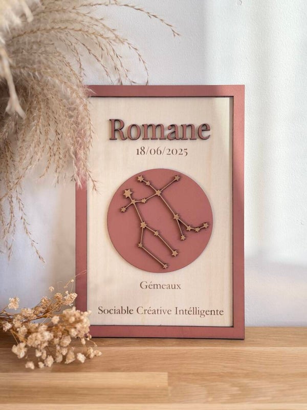 Affiche astrologique personnalisée en bois – Prénom, date de naissance et constellation