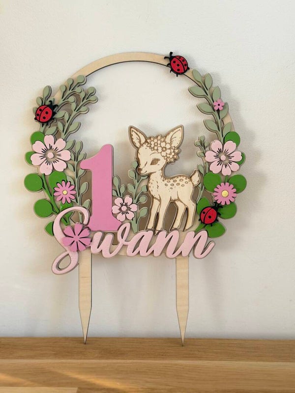 Cake topper personnalisé Biche & Coccinelles – Prénom & Âge