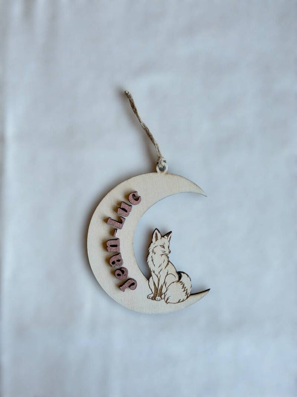 Boule de Noël personnalisée en bois – Lune et renard