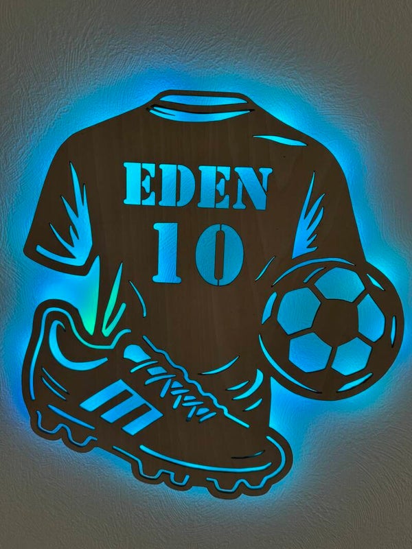 Lampe LED football en bois gravé personnalisée prénom cadeau enfant