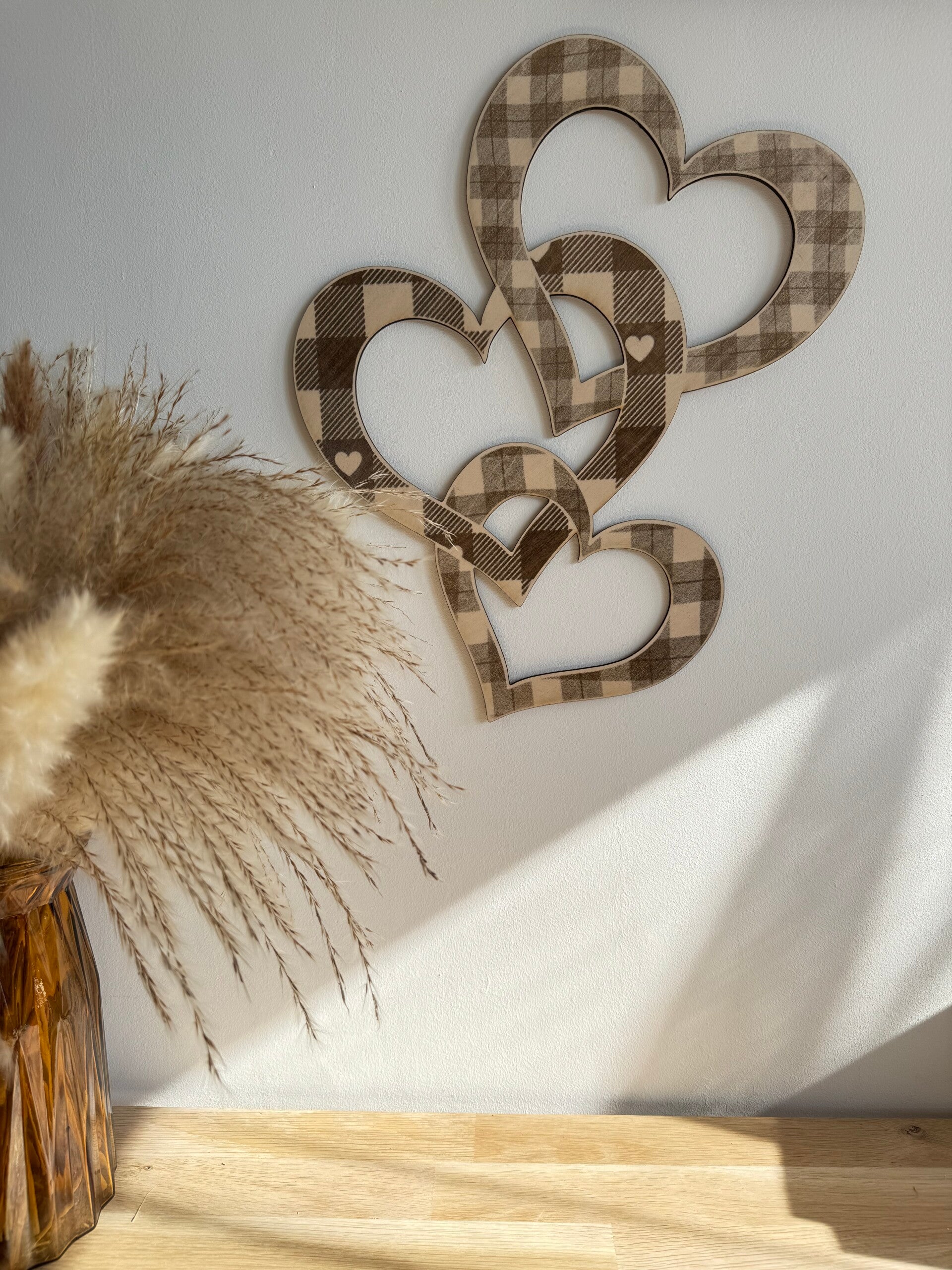 Décoration cœurs entrelacés en bois - Motif Vichy