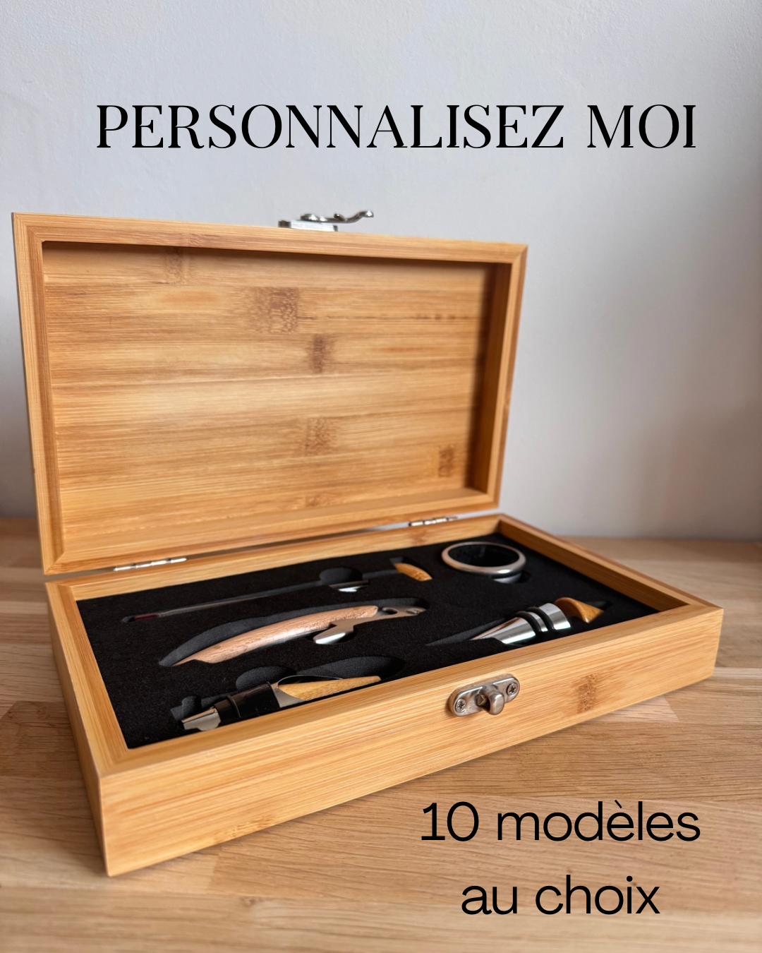 Coffret sommelier personnalisé en bambou 10 modèles au choix Gravure sur bois  Cadeau pour amateur de vin