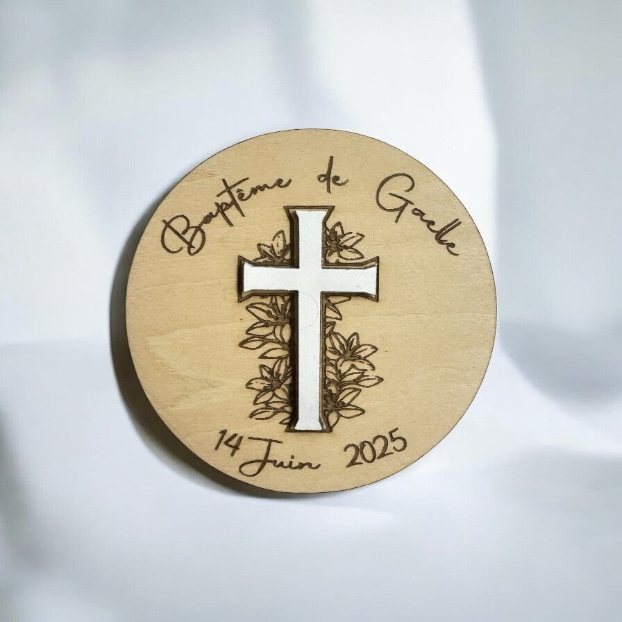 ✝️ Magnet personnalisé "Croix & Feuillage" – Cadeau d’invité Baptême/Communion ✝️