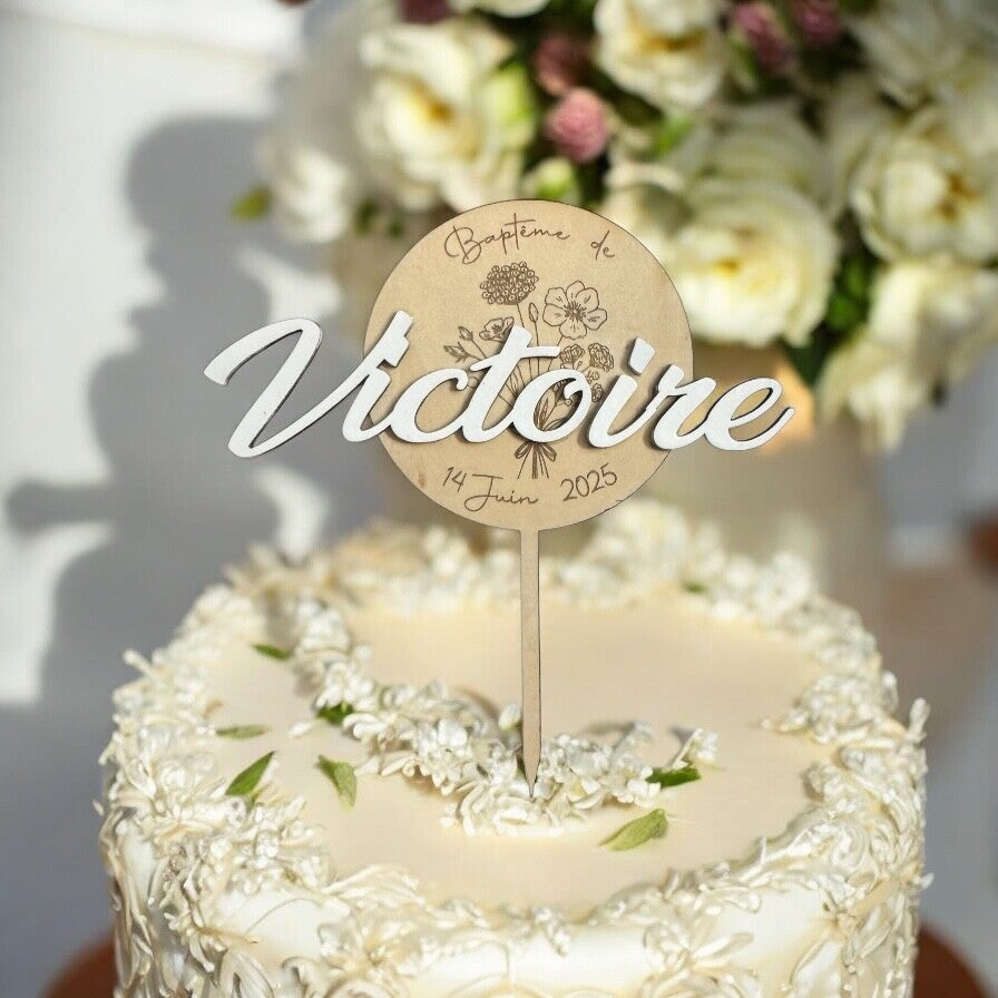 cake topper baptême et communion personnalisé collection initiale fleurie