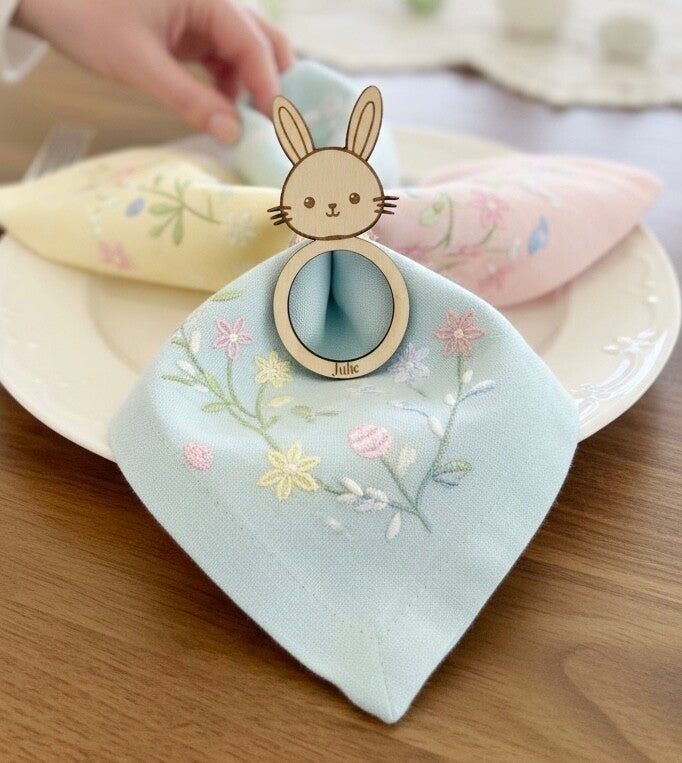 Rond de Serviette Personnalisé Pâques – Lapin Mignon en Bois avec Prénom