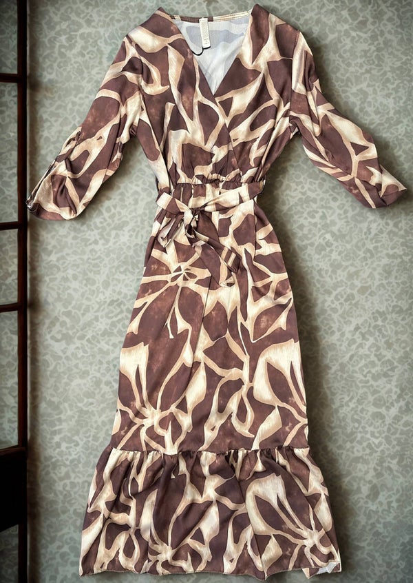 Vestito maculato marrone scollo incrocio