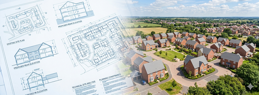 Blue print plan blending into a housing estate
