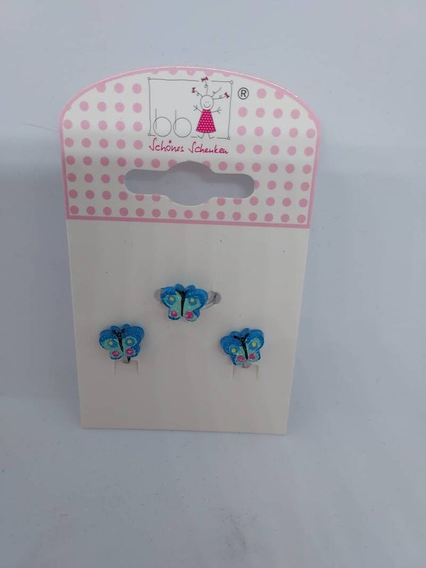 Clip oorbellen en ring vlinder lichtblauw