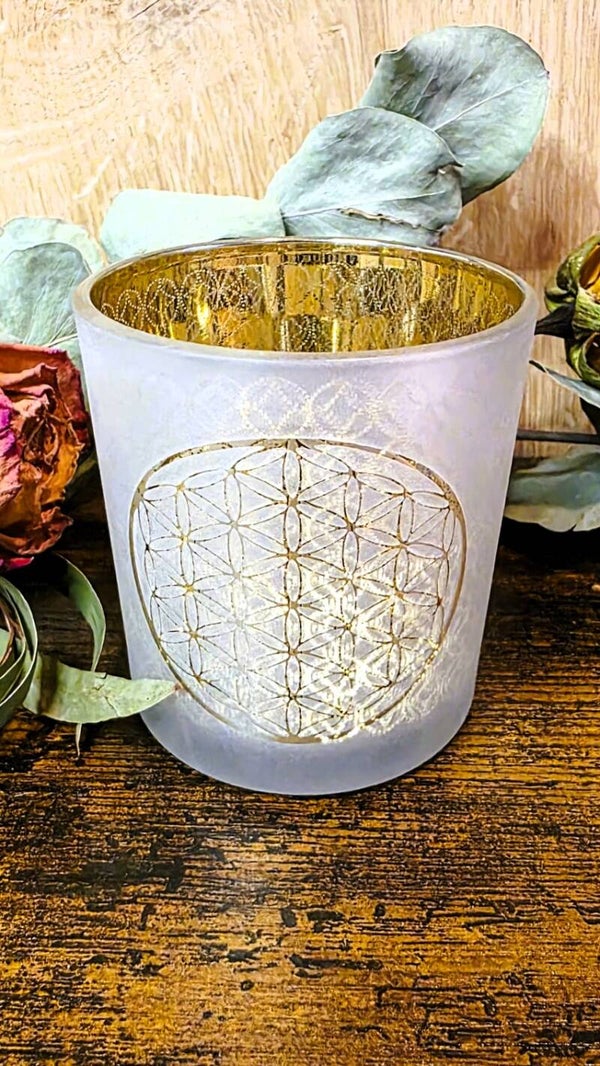 Kerzenhalter gefrostet / metallic Blume des Lebens 7,3 x 8 cm