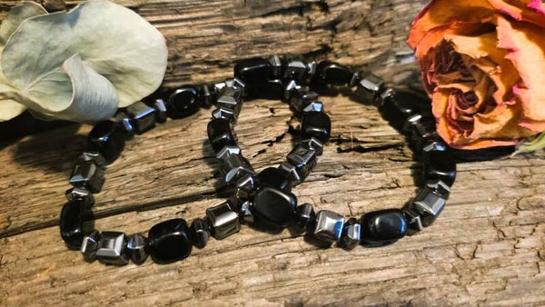 Armband schwarzer Obsidian und Hämatit 8 mm Perlen