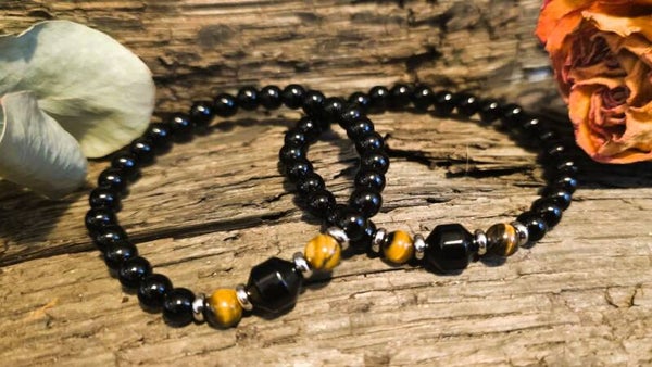 Armband Tigerauge und Onyx 8 mm Perlen