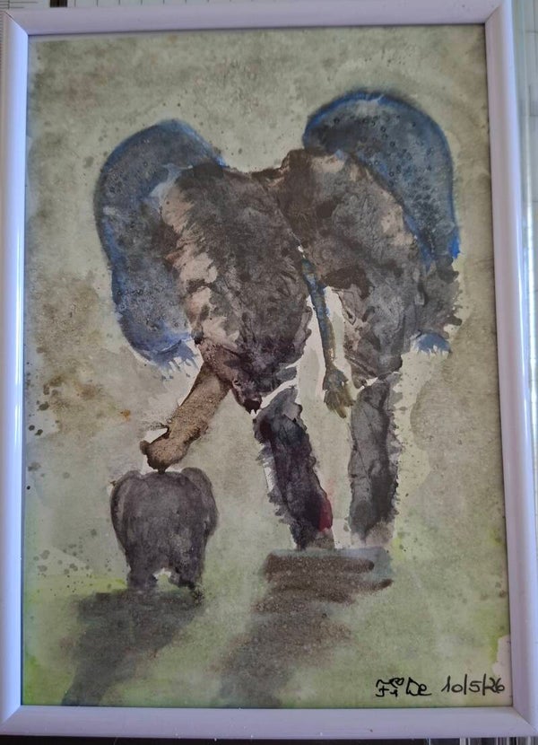 Elefantendame mit Kind Aquarell "Hoffnung, Glück, Zusammenhalt"