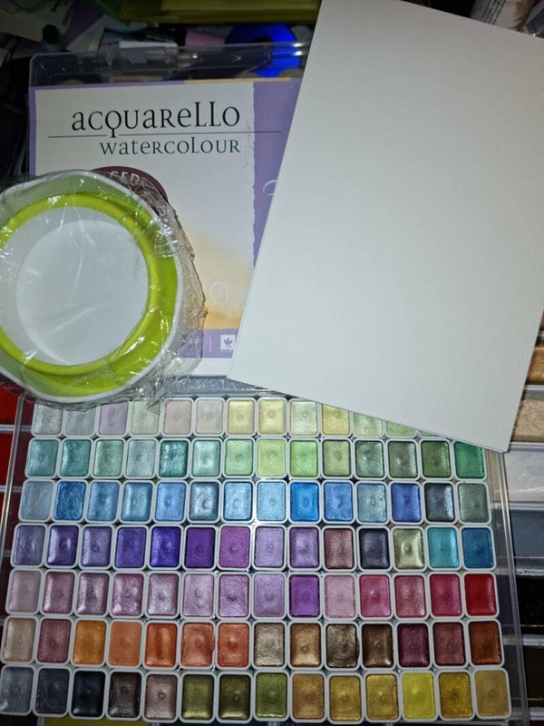 Aquarellfarben 98 Stück im Set, metallic, mit Pinsel, 10 Blatt A 5, Wasserbecher