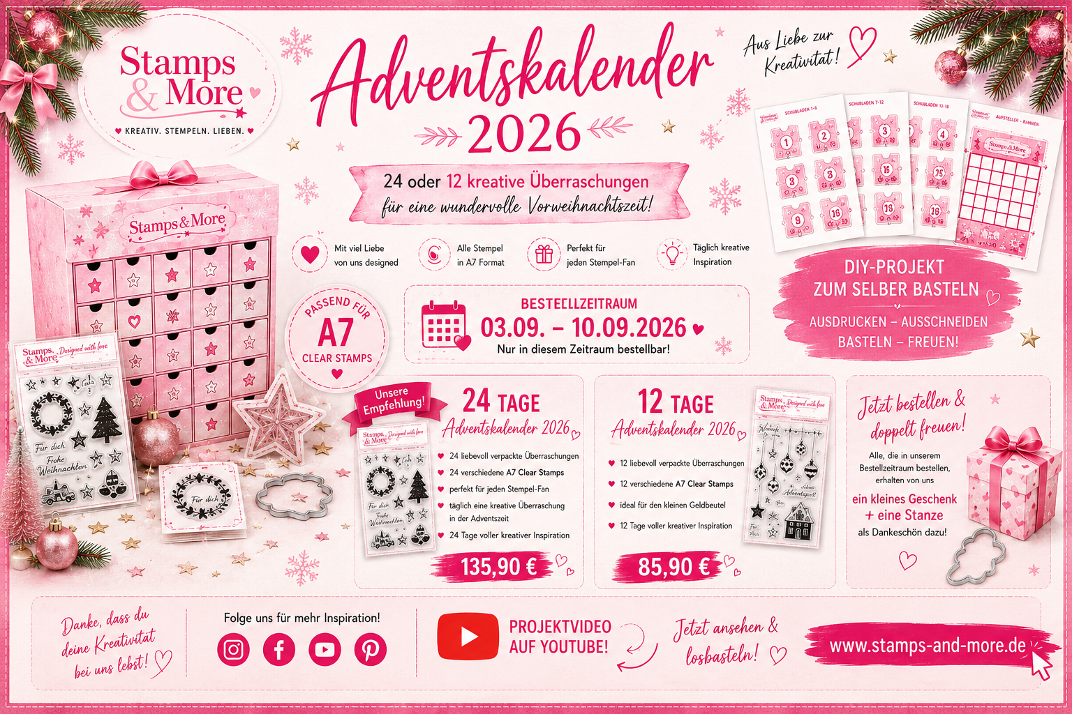 Esthers Bastel News Adventskalender 2026, 24 Tage, 24 x A 7 Motive +  2 Geschenke