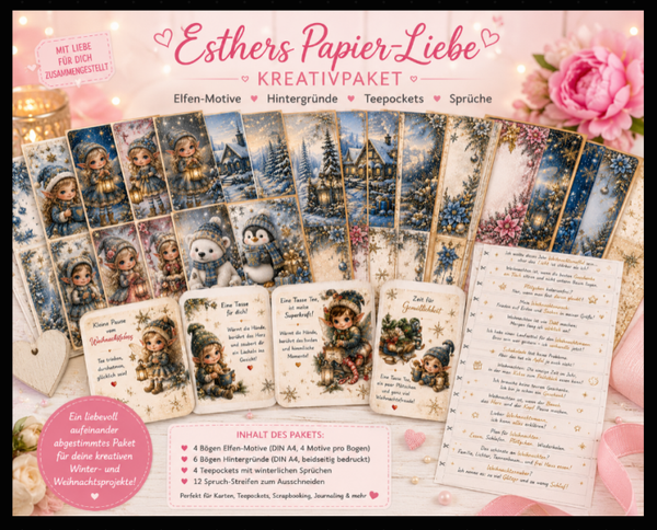 💕Esthers Papier-Liebe – Winterliches Kreativpaket mit Elfen, Hintergründen & Teepokets