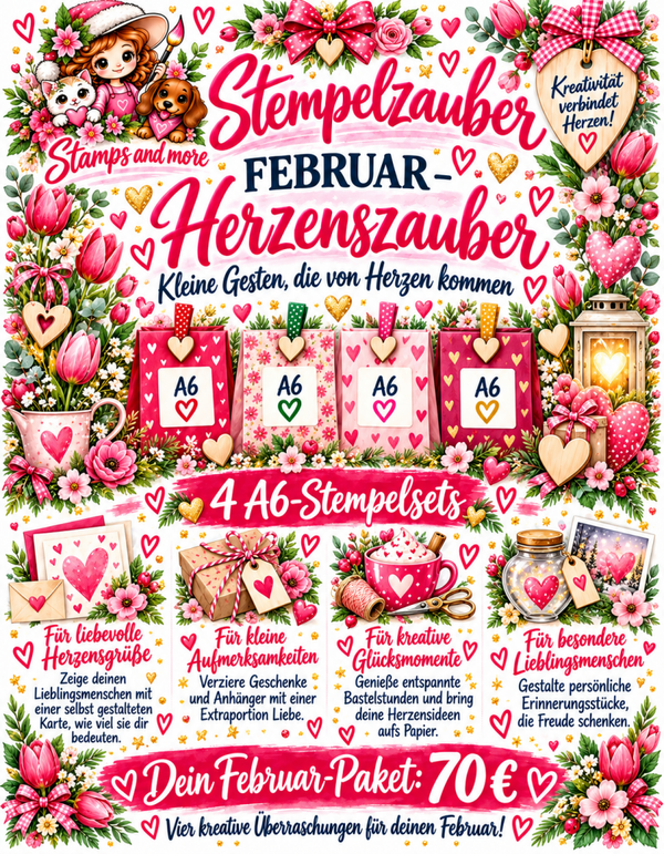 💕 💕 Februar – Herzenszauber, 4 x A 6 Stempelset + Überraschungen