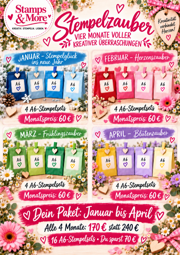 Stempelzauber Januar bis April – 4 Monate, 16 A6-Stempelsets