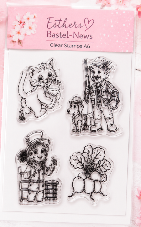 Esthers Bastel-News, Clear Stamps A 6, Schornsteinfegerin, Glücksbringer, Jäger, Katze