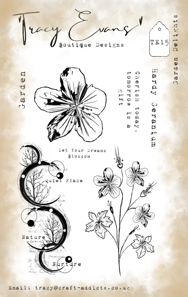Tracy Evans Boutique Designs  TE015 – Garden Delights Gartenfreuden (A6-Stempel)